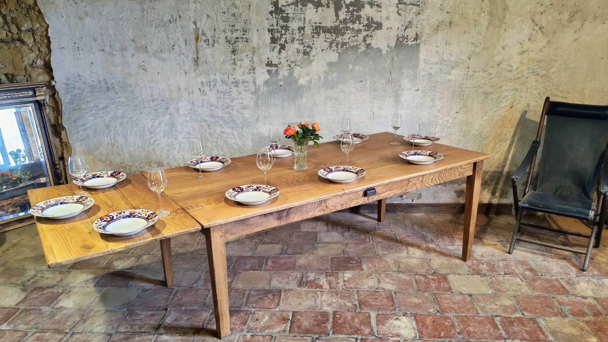 Large authentic farmhouse table made of solid French oak.