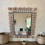 Specchio rettangolare brutalista in ferro battuto e formelle in terracotta