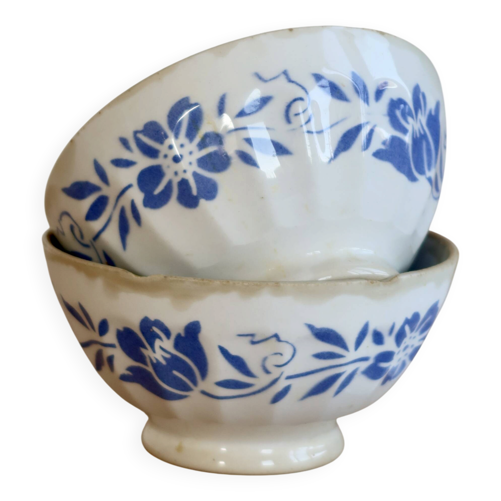 Paire de bols vintage en faïence décor bleu fleuri