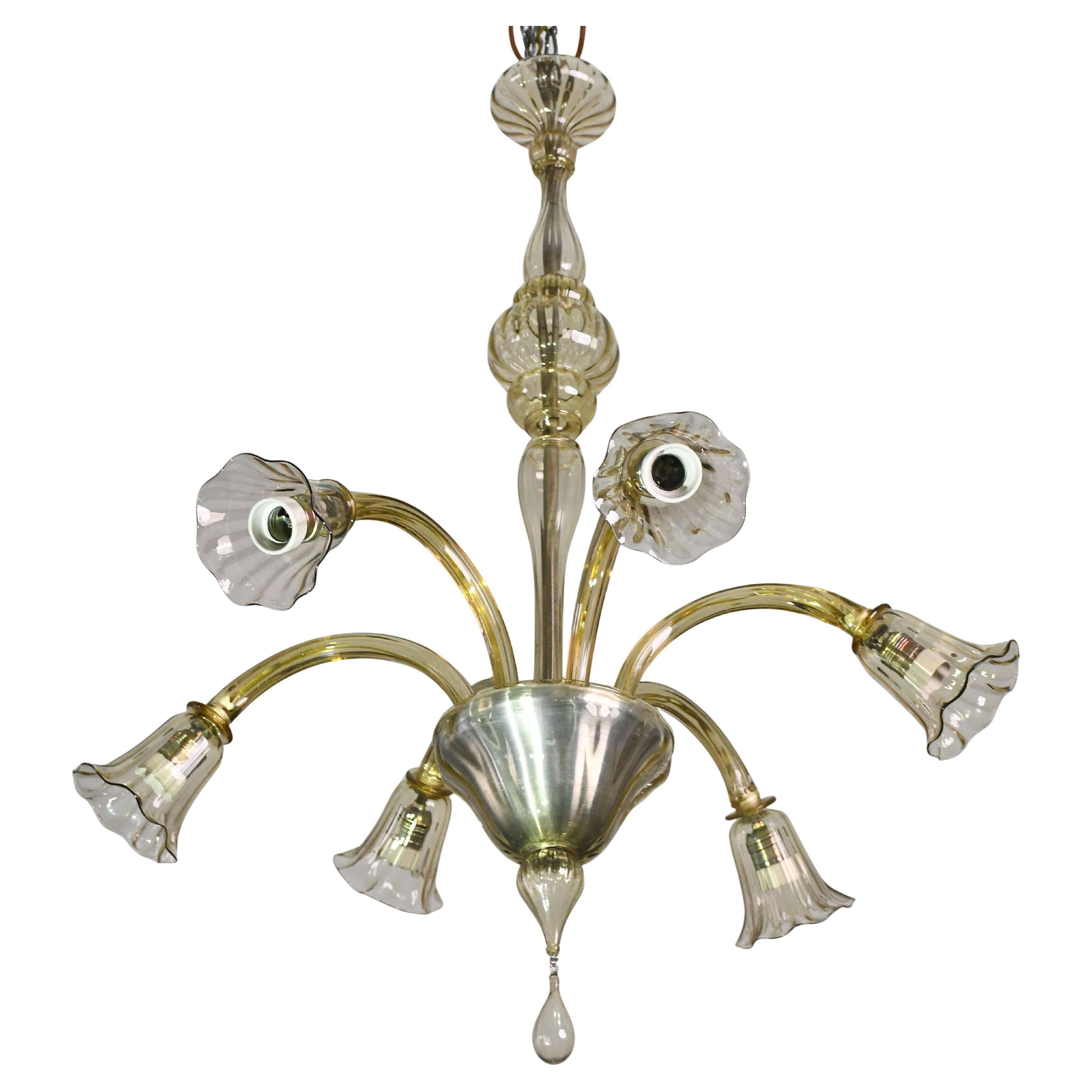 Lustre en verre de Murano vintage, couleur ambre, six lumières, design des années 1950.