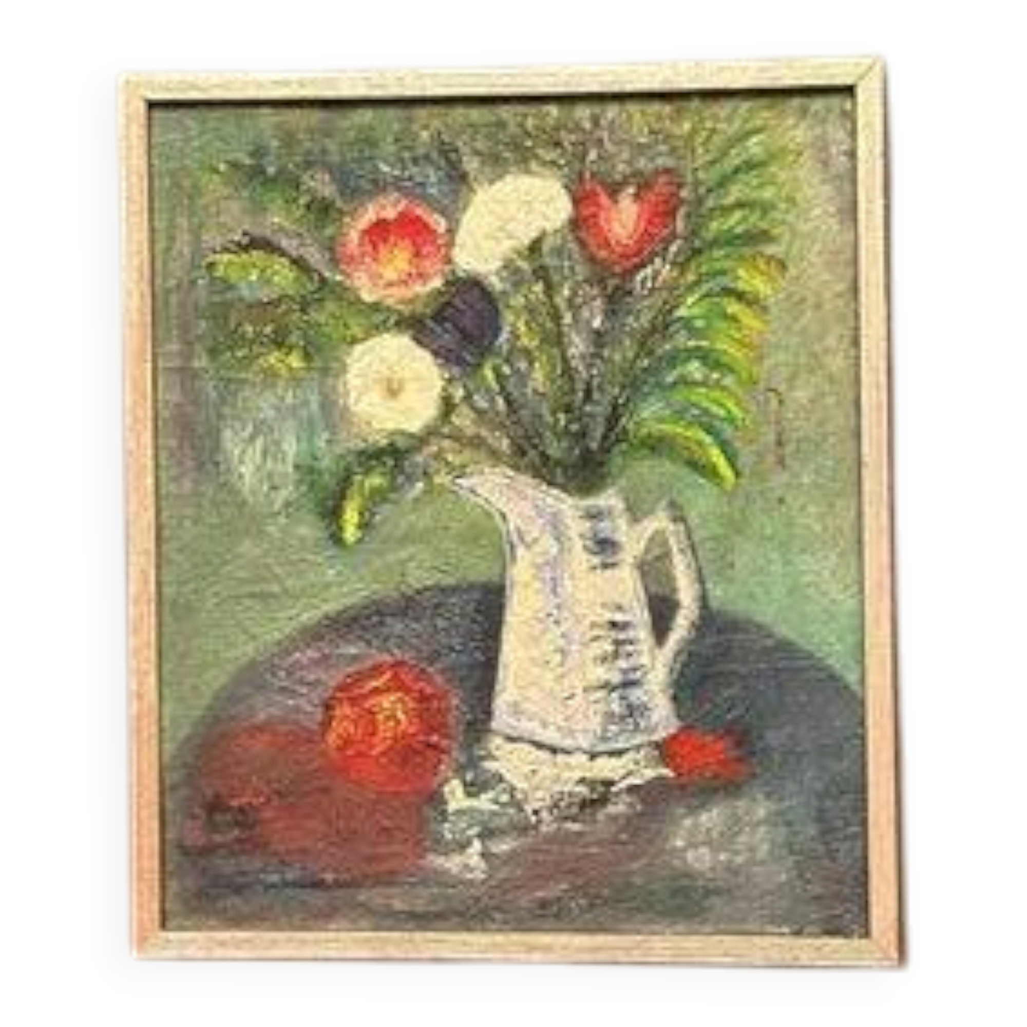Huile sur toile originale suédoise – « Nature morte avec vase et fruits » – Signée