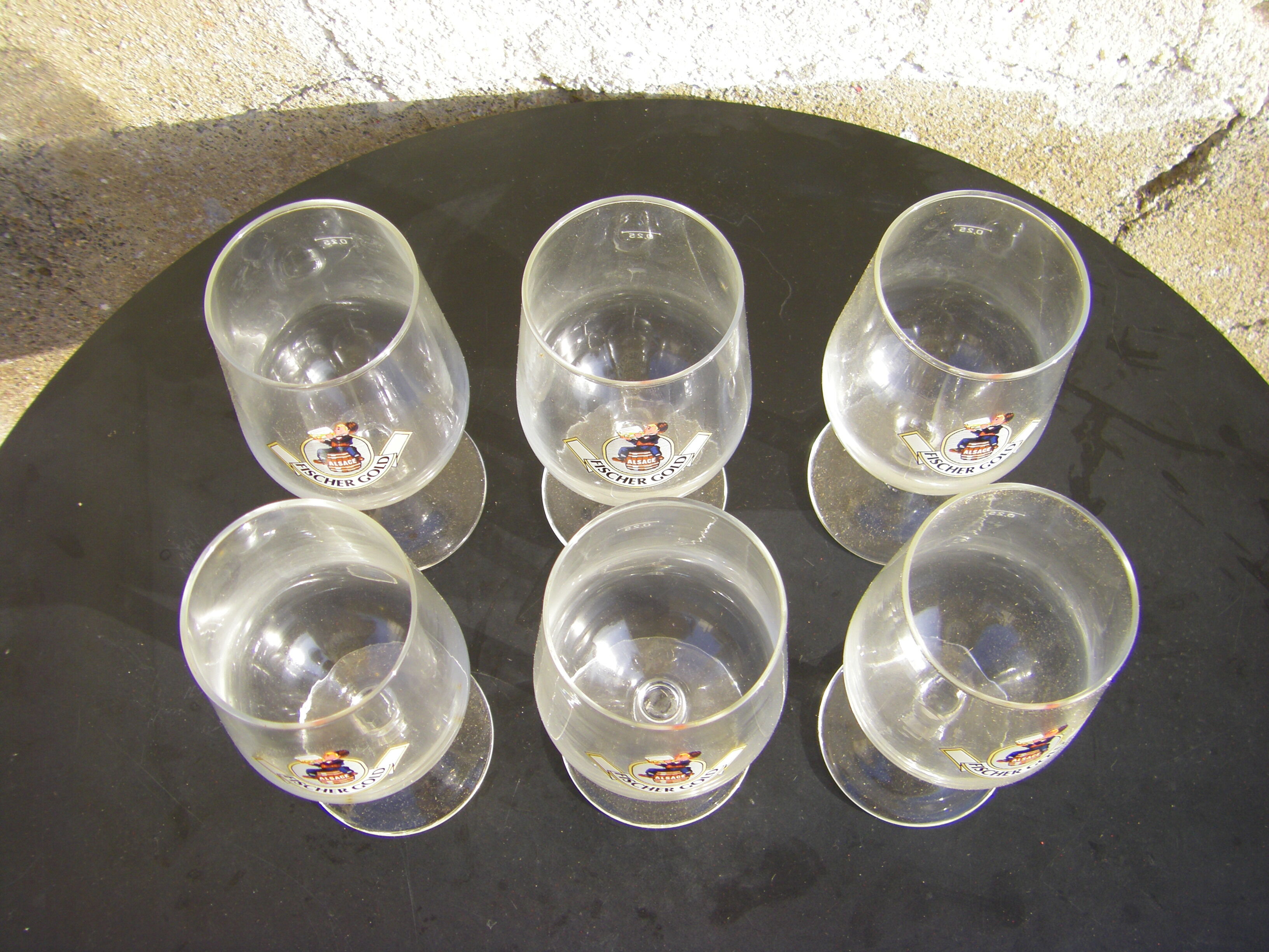 Six Fischer Gold beer glasses