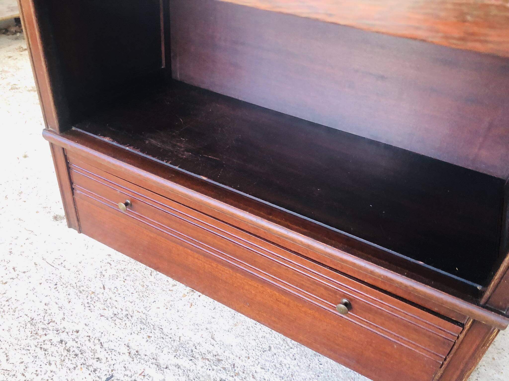 Vintage mahogany avocado bookcase with overhead glass doors circa 40's/50's