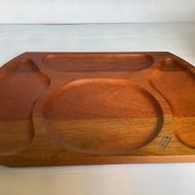Pair of wooden snack meal trays with compartments.