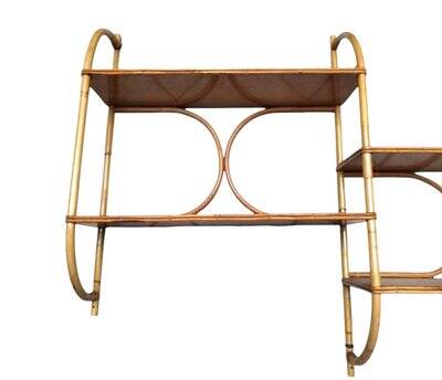 Vintage 1960s wooden and rattan shelf with 4 shelves