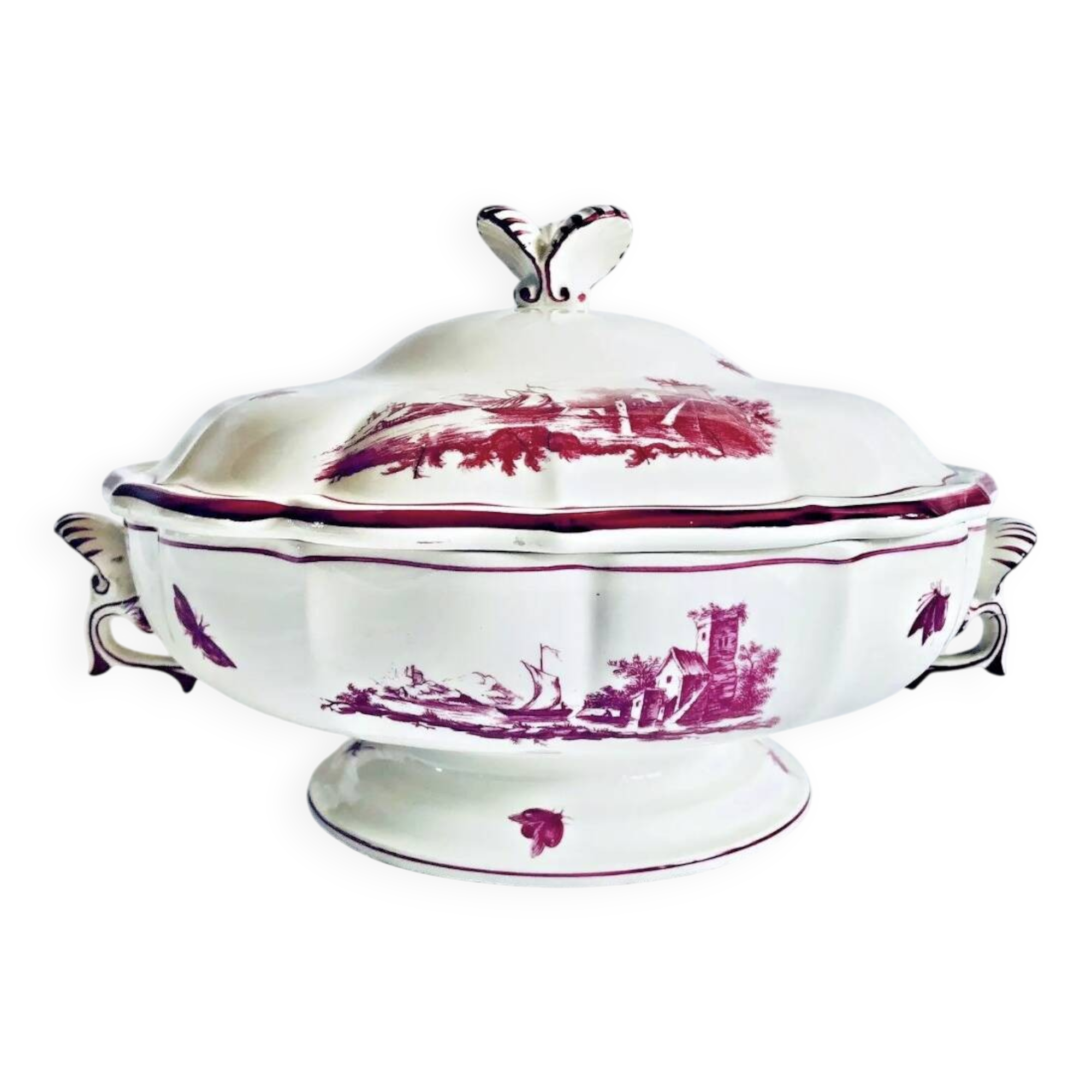 Old small Gien earthenware vegetable soup tureen, pink landscape model
