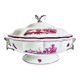 Old small Gien earthenware vegetable soup tureen, pink landscape model
