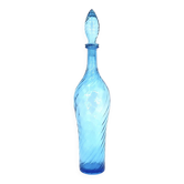 Carafe en verre bleu Empoli avec sillons, bouteille années 60