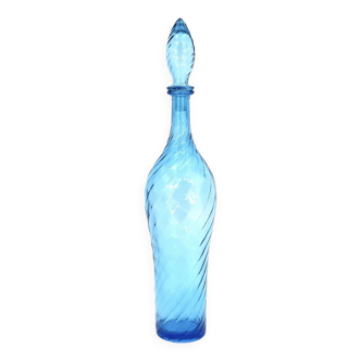 Carafe en verre bleu Empoli avec sillons, bouteille années 60