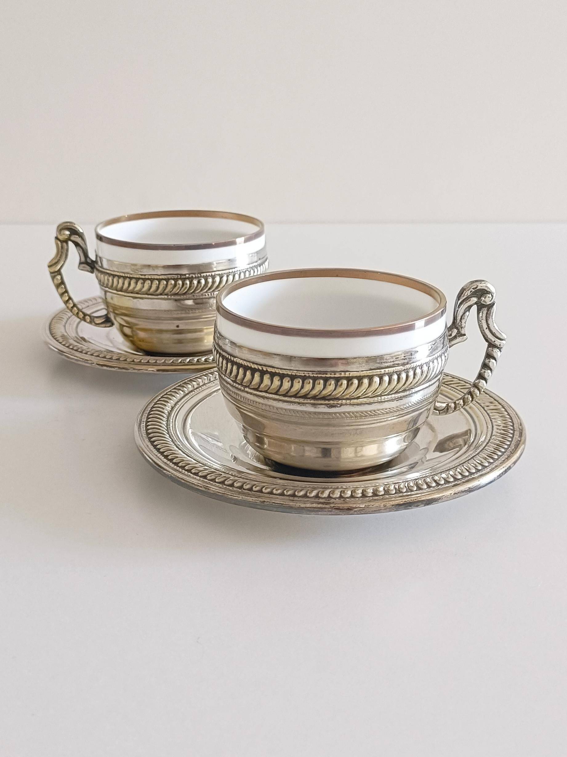 Victorian Alpaca Silver Tea or Coffee Pair of Cups and Plates, England 19th C.