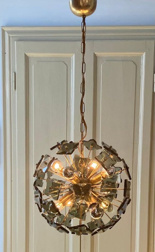 Verre de Murano italien Spoutnik, verre fumé et métal, années 1960