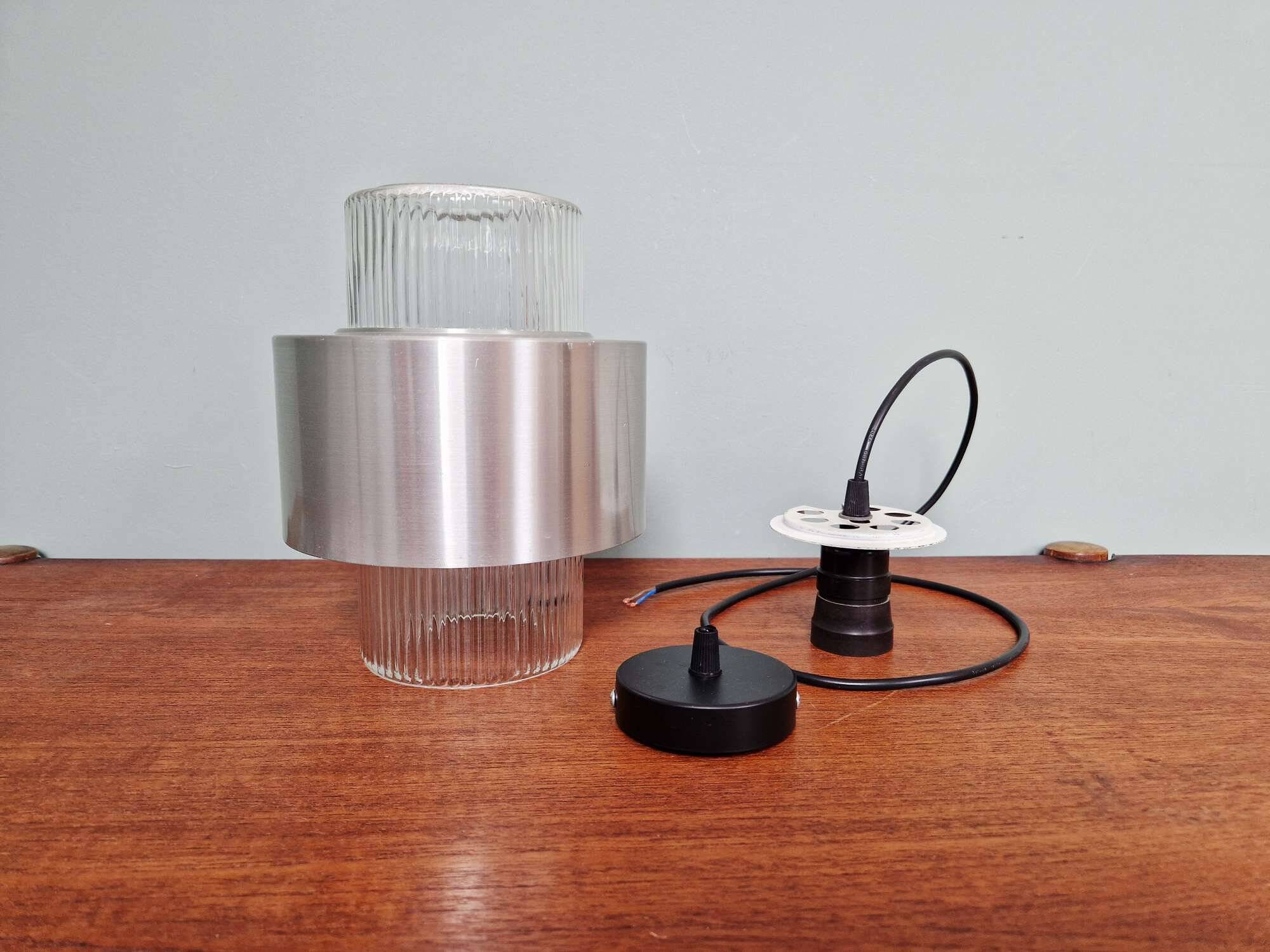 Scandinavian pendant light in grooved transparent glass and brushed aluminum, 1960