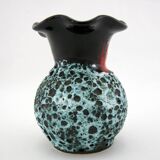 Small corolla vase in black, red and white Fat Lava ceramic - Panassidi Vallauris France - vintage