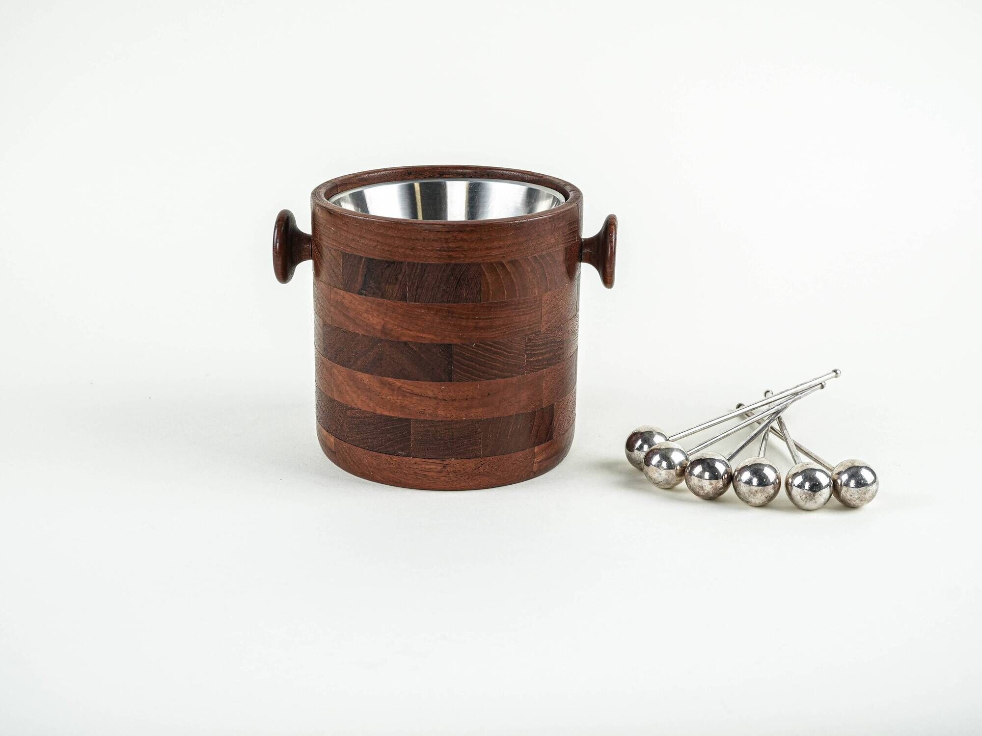 Danish teak and steel ice bucket, 1970s, Scandinavian Modern barware