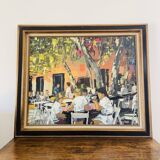 Painting signed Patrick Turion – Animated village scene – Framed