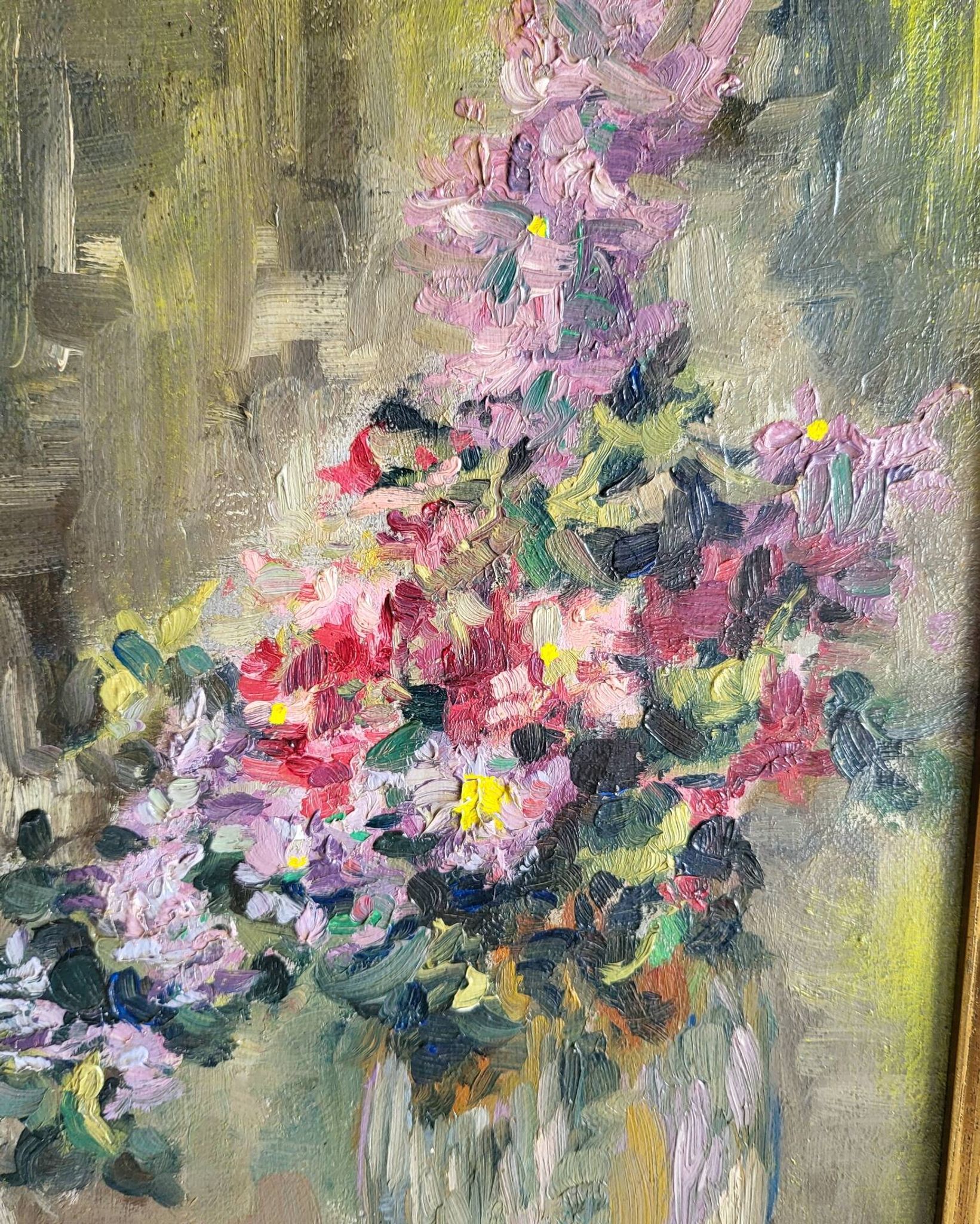Still Life with Flower Bouquet Oil on Canvas Wooden Frame