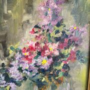 Still Life with Flower Bouquet Oil on Canvas Wooden Frame