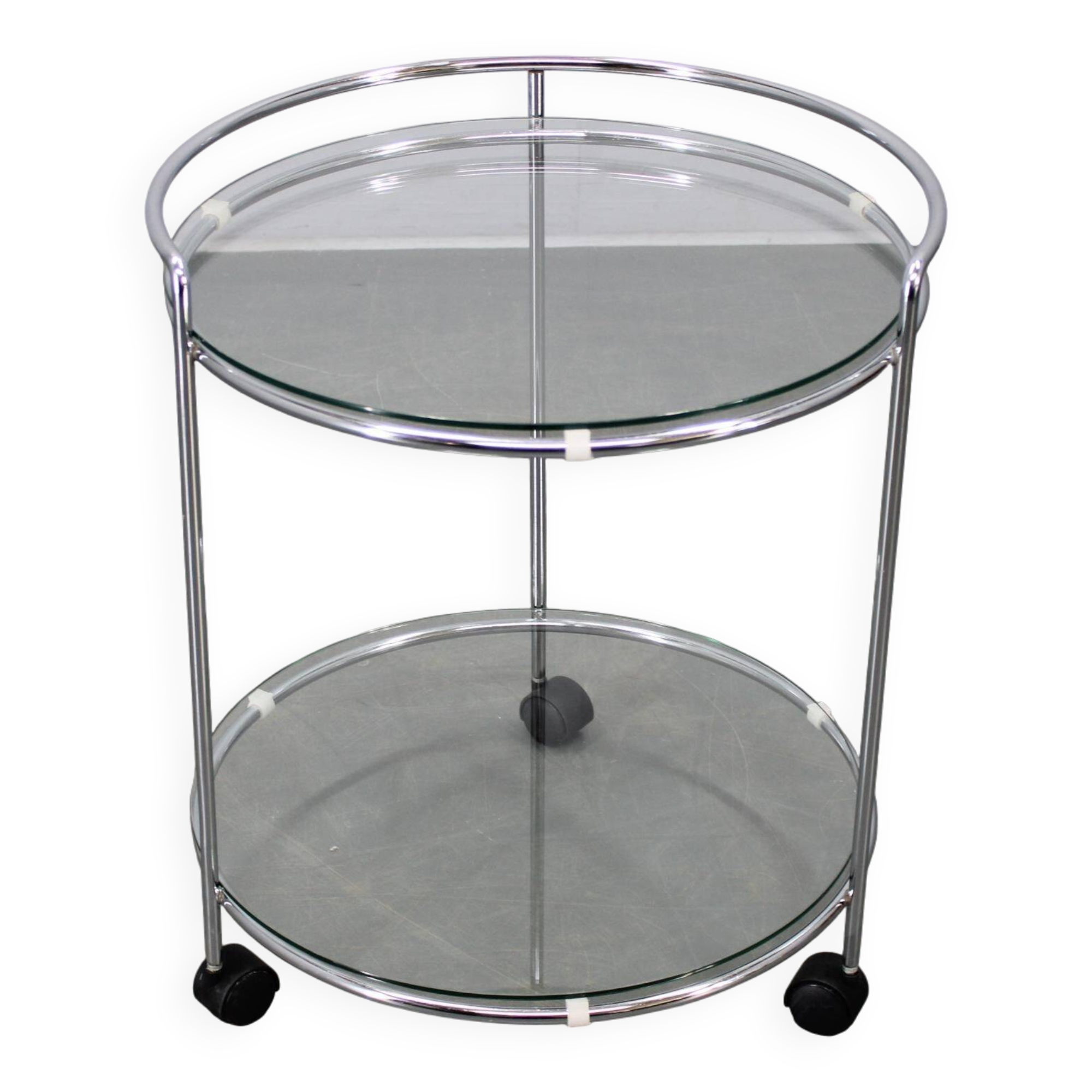 Mid-century round serving table, chrome and glass, Italy, 1980s