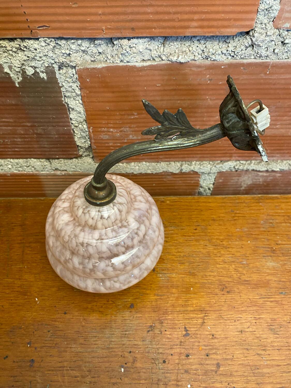 Antique Art Nouveau Gilt Bronze Wall Lamp + Vintage Pink Glass Ball