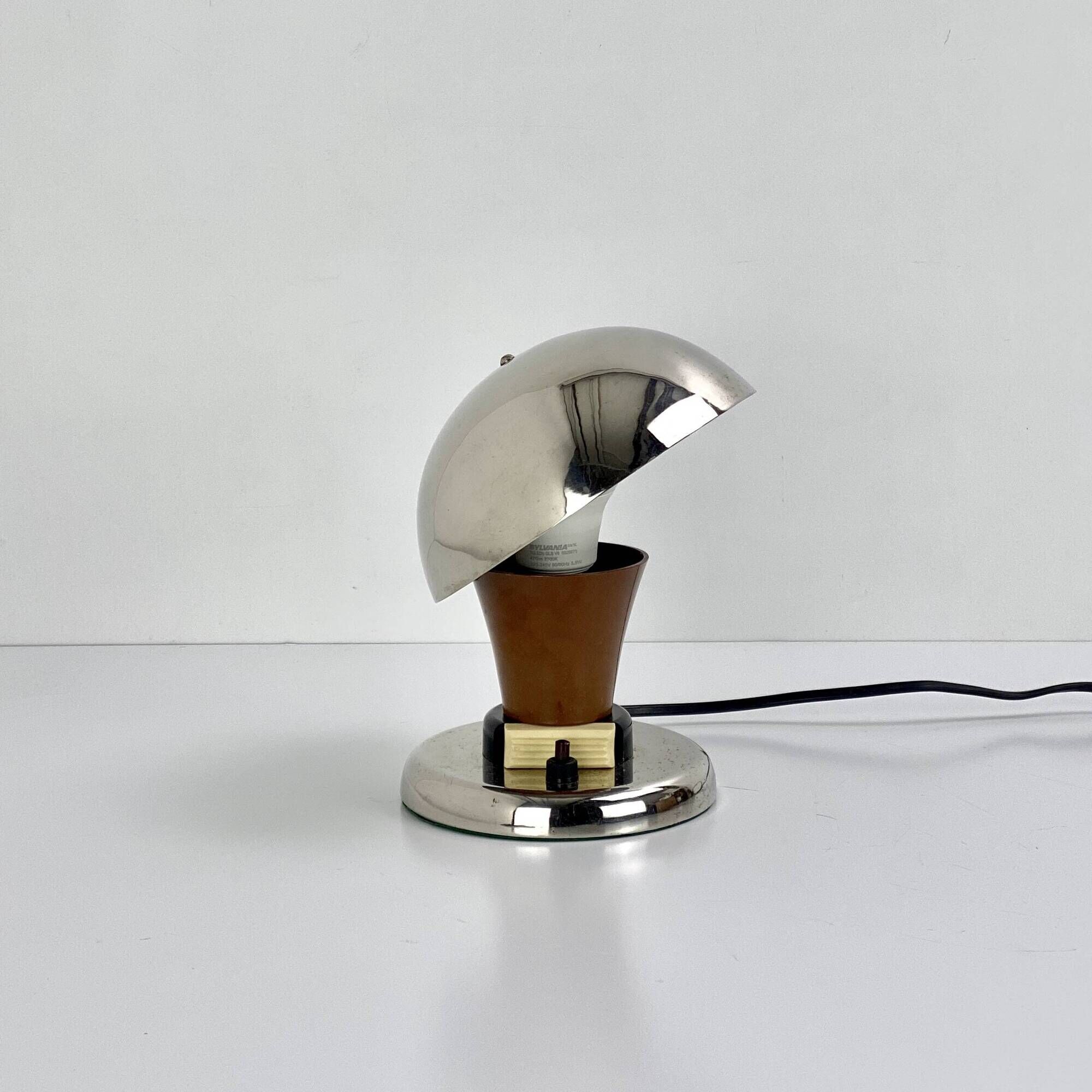 Vintage Bauhaus bedside lamp in brown bakelite and chrome, 1930s