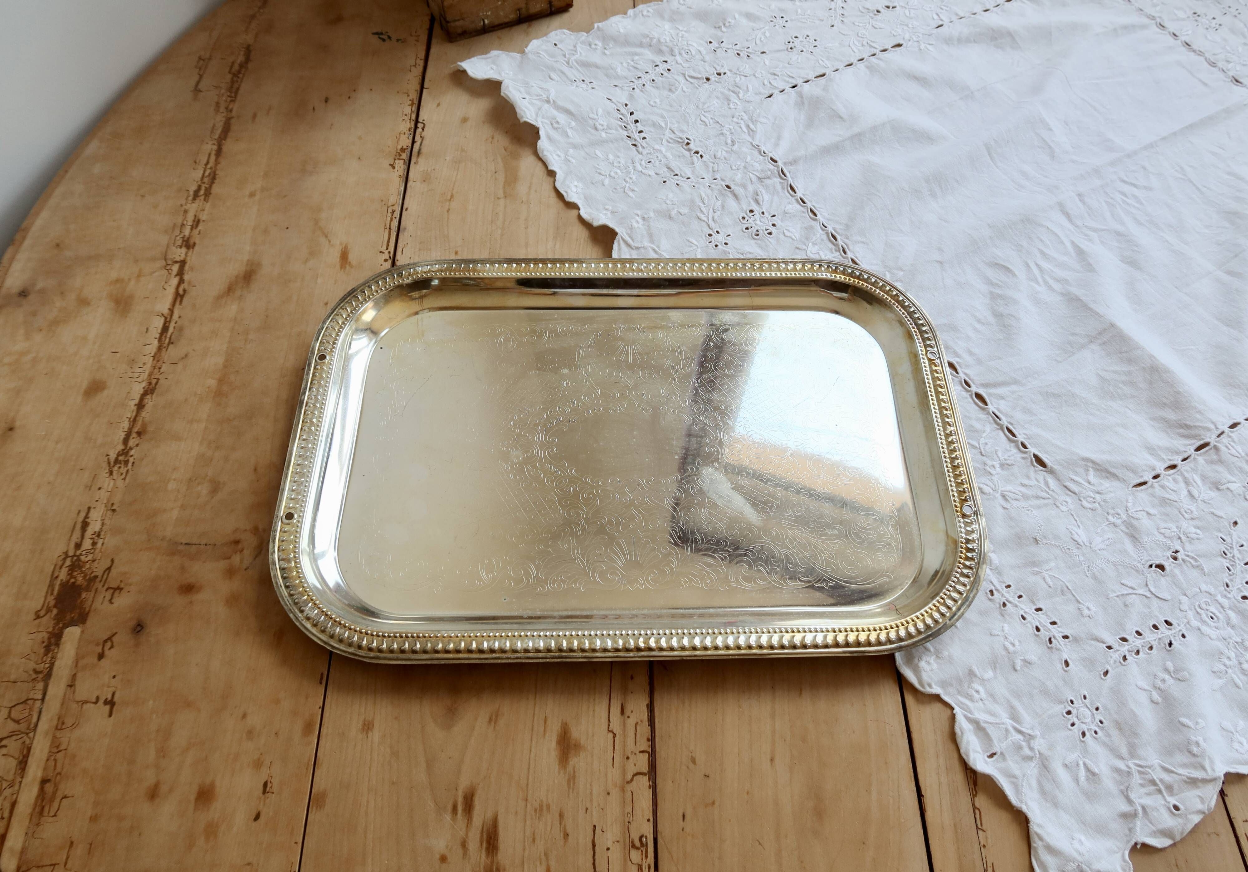 Vintage silver-plated rectangular serving tray – Engraved decoration