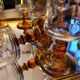 12 amber-stemmed flutes, 70s