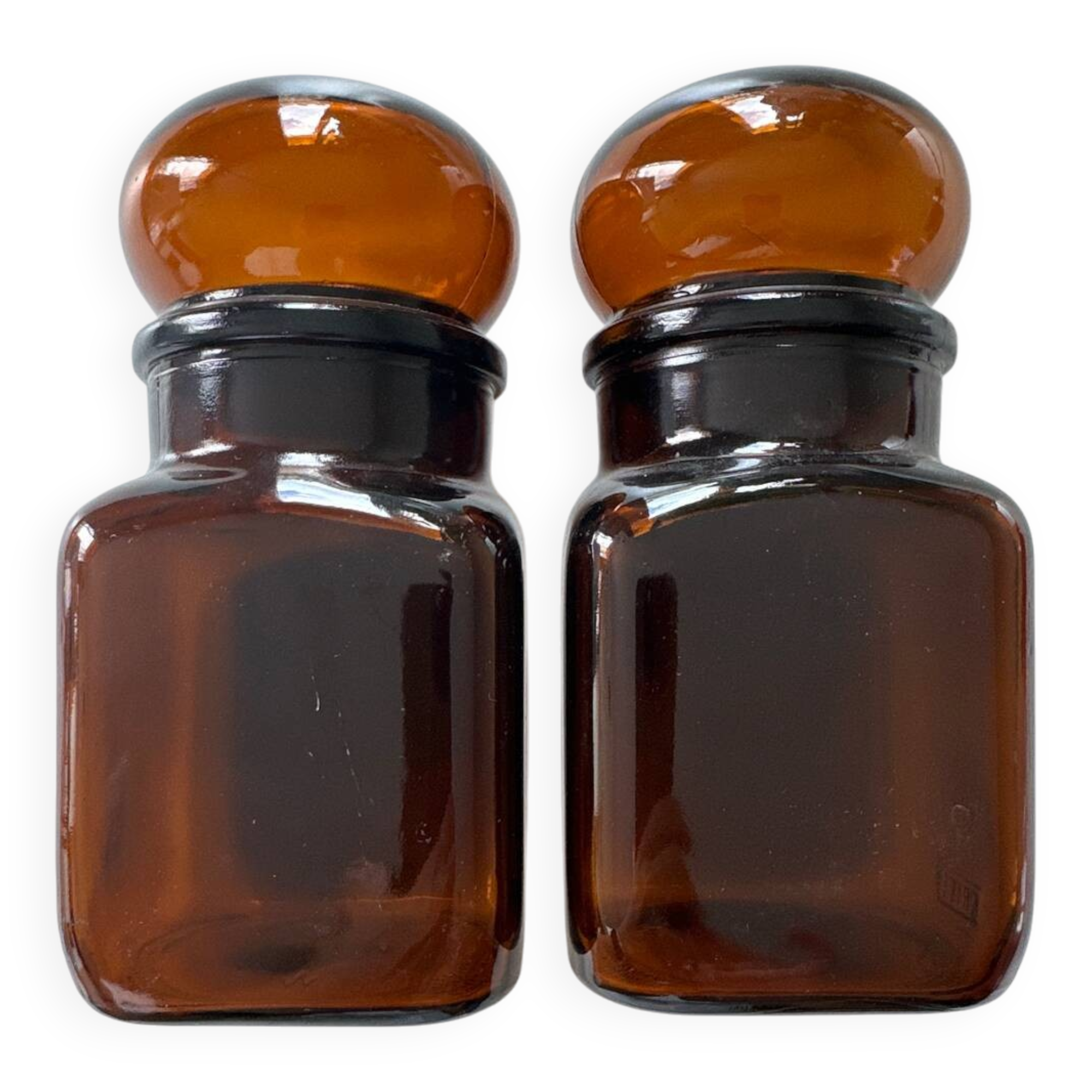 2 flacons d'apothicaire en verre ambré Ariel