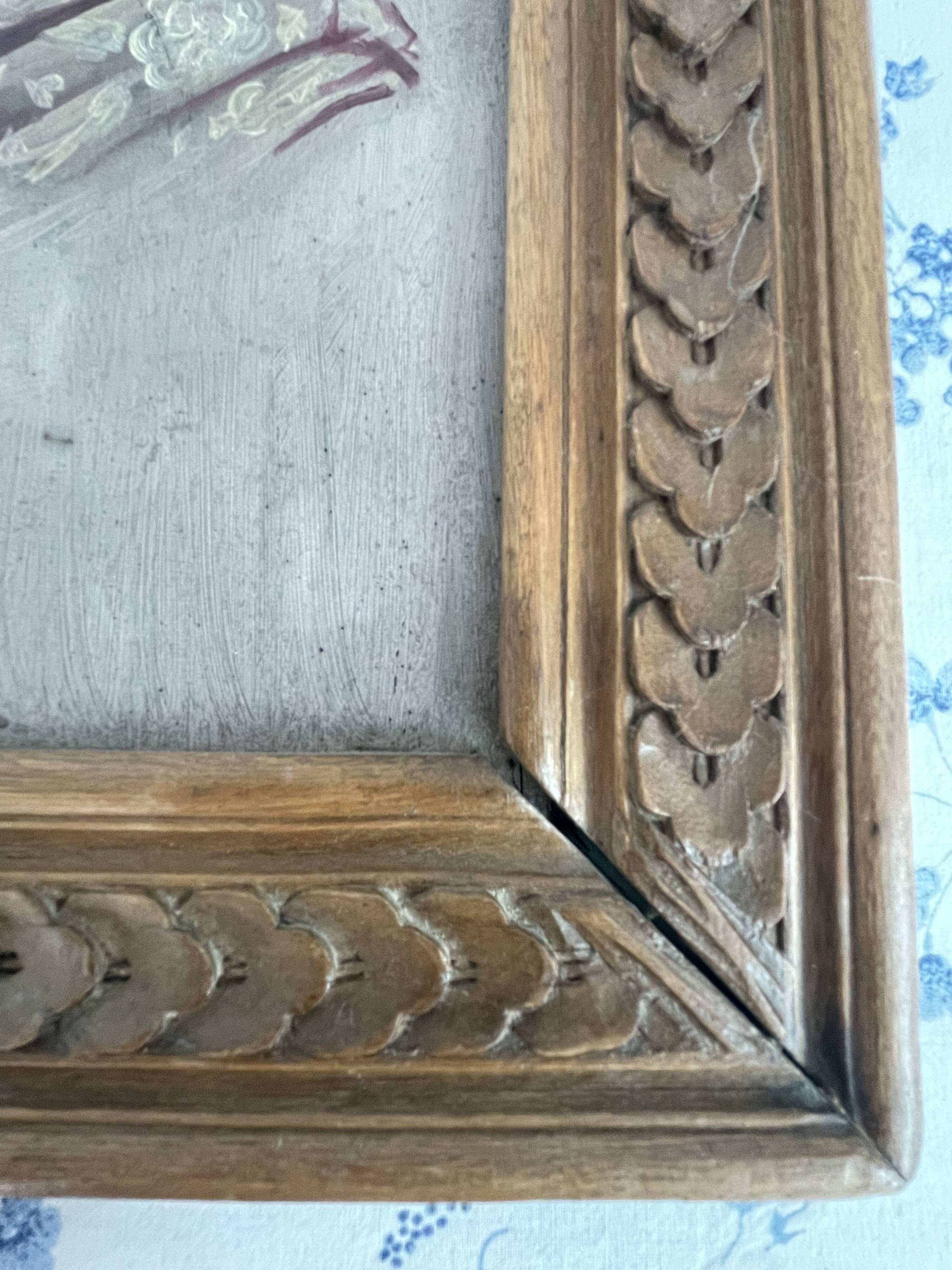 Old portrait signed "Flora" – Oil on wood dated 1904 – Carved frame