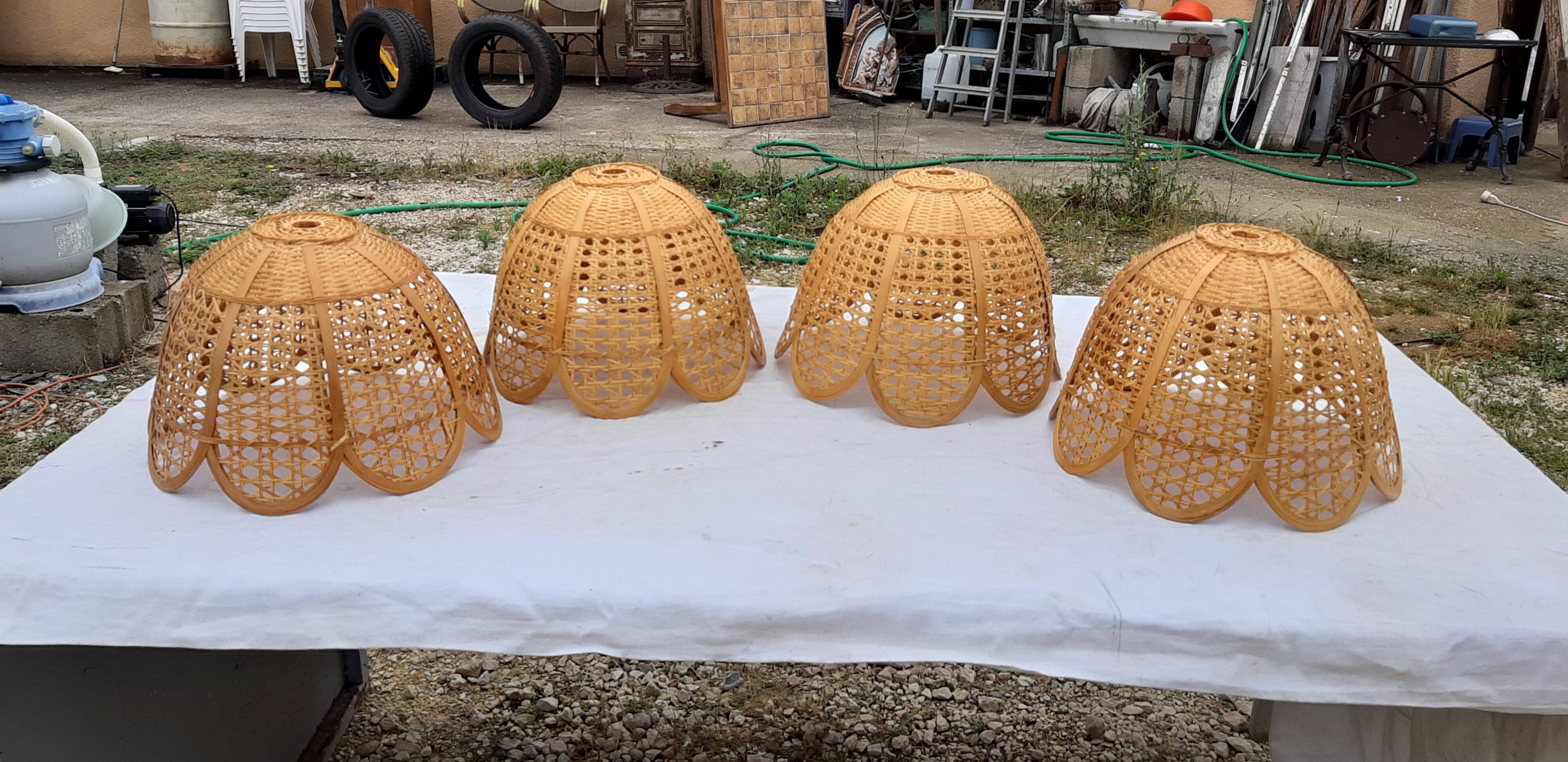 Set of 4 vintage wicker pendant lamps