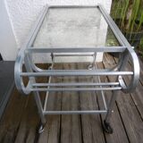 1950 bar cart, aluminum and glass serving trolley, design in the style of Adnet