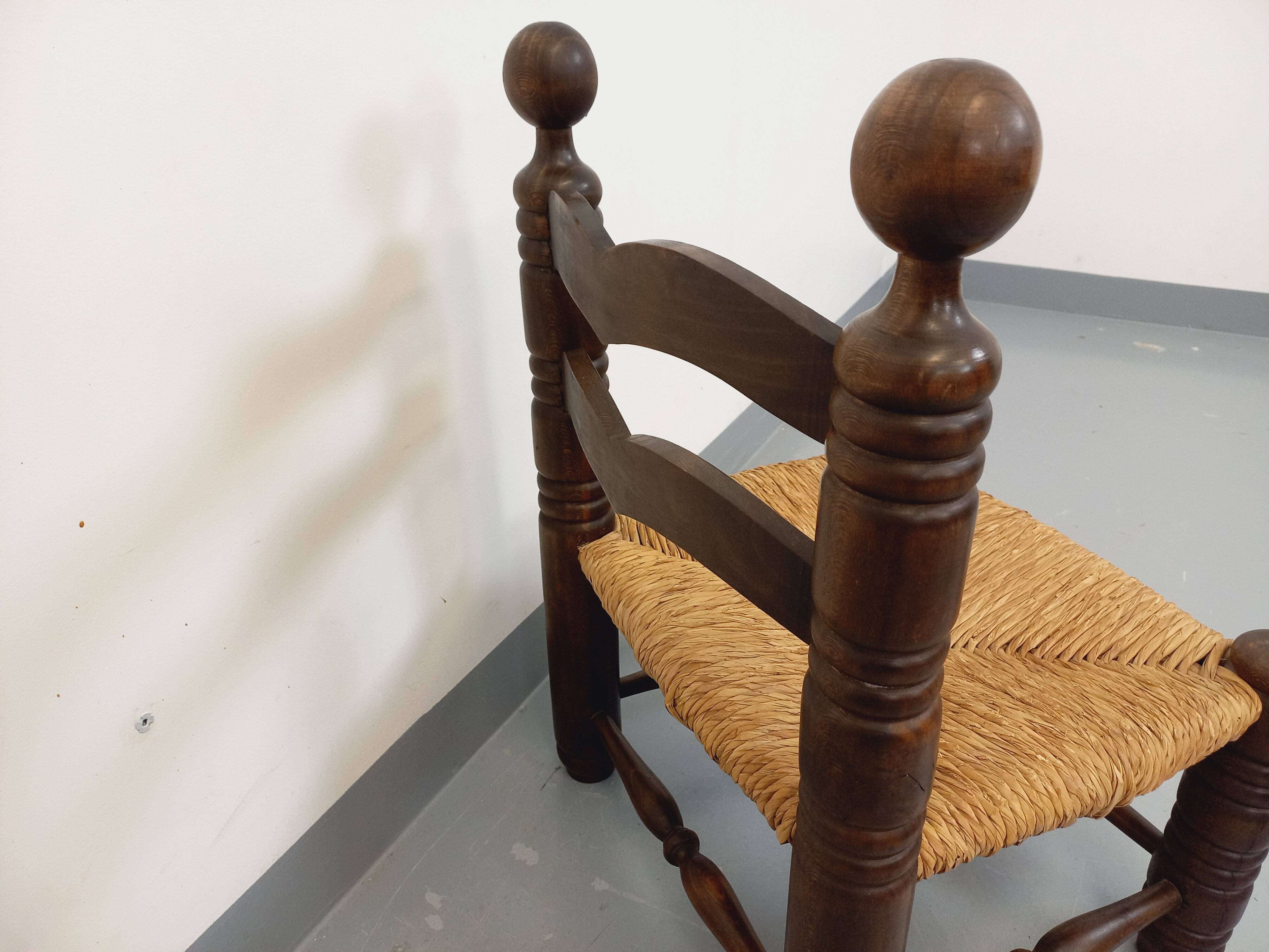 Vintage Charles Dudouyt Brutalist Low Chair in Wood and Straw, 1940s
