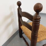 Vintage Charles Dudouyt Brutalist Low Chair in Wood and Straw, 1940s