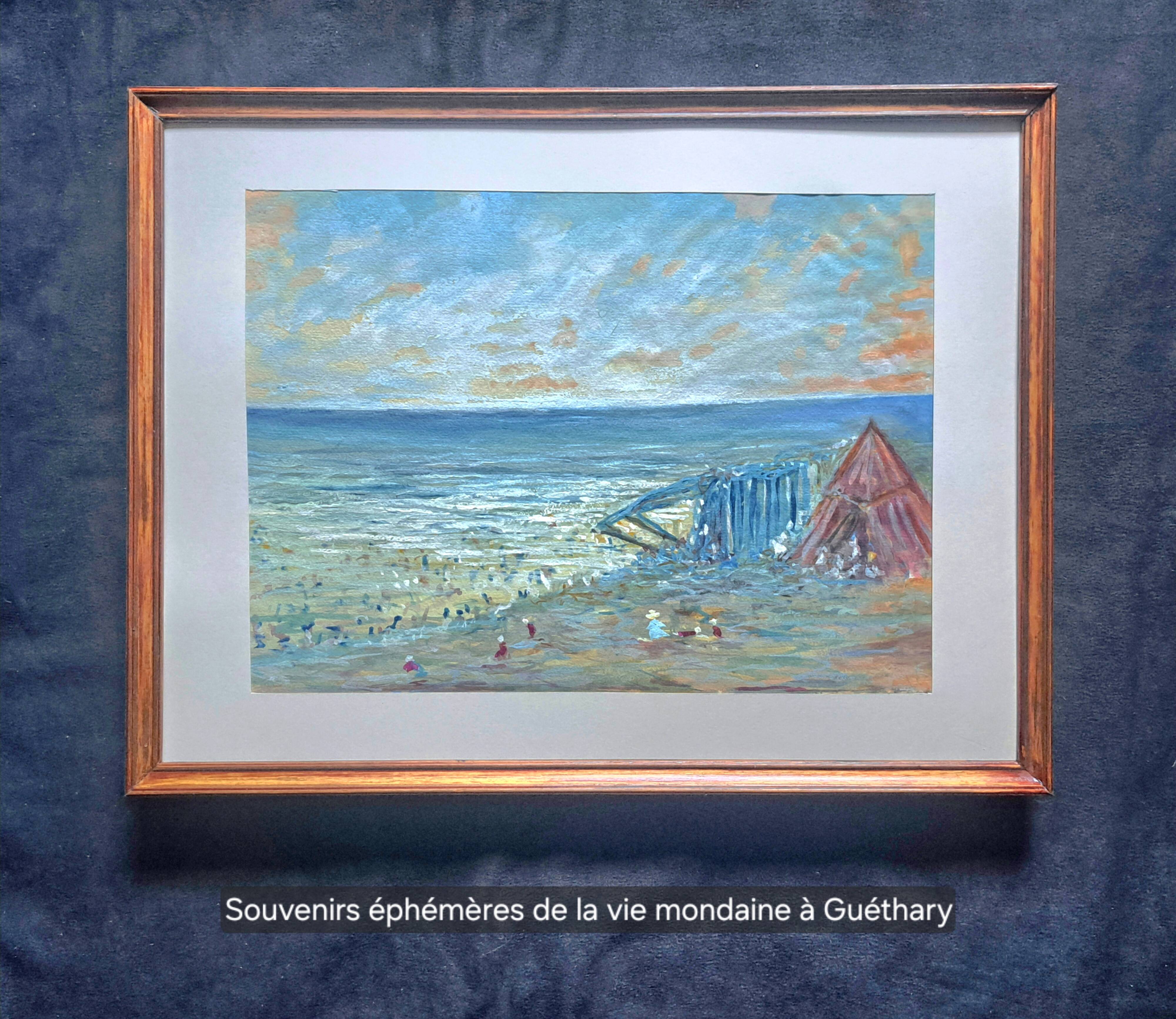 Tableau post-impressionniste à l'aquarelle "Plage de Guéthary" Pays Basque, 1920