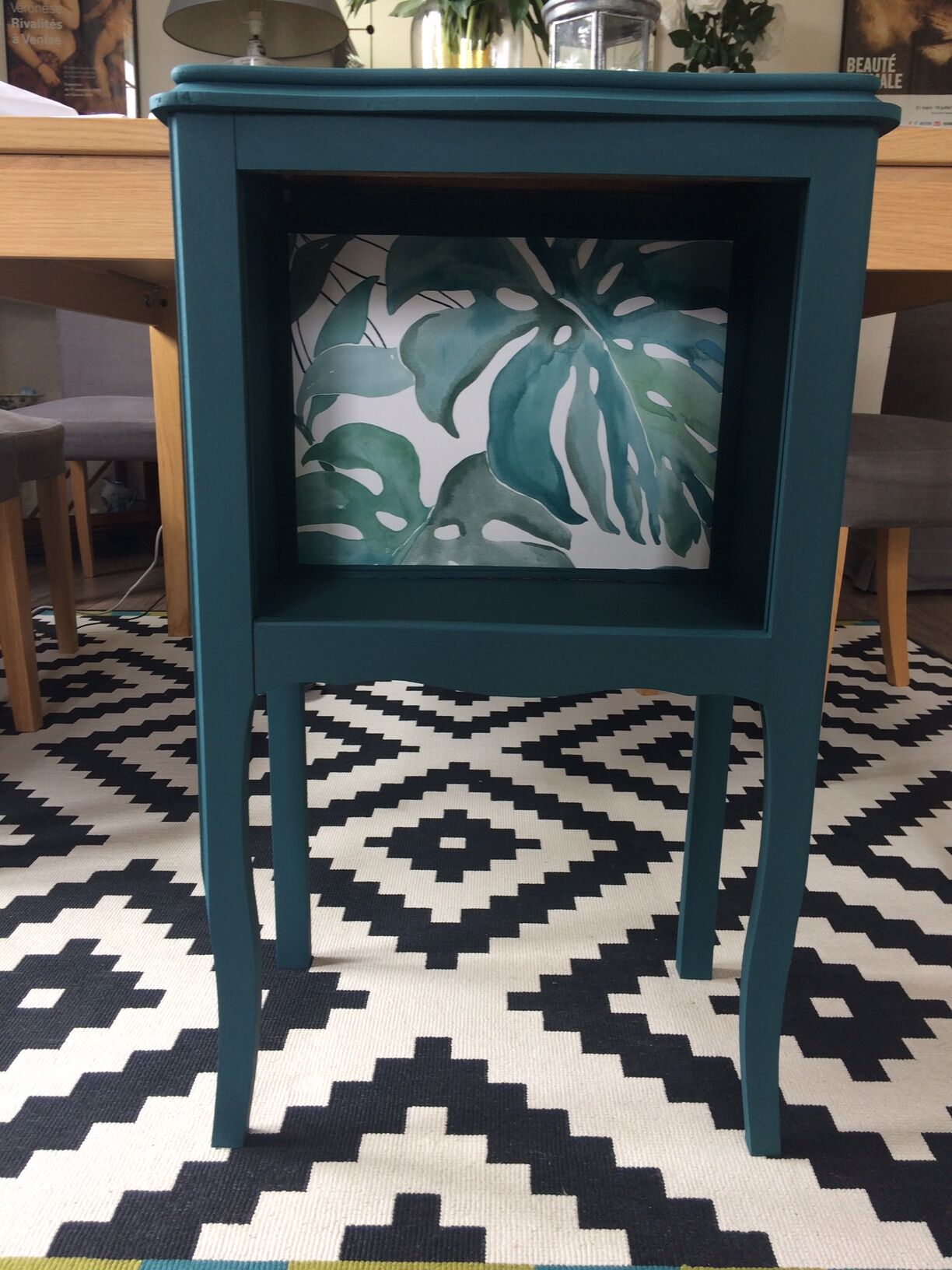 Table de chevet console relookée bleu pétrole