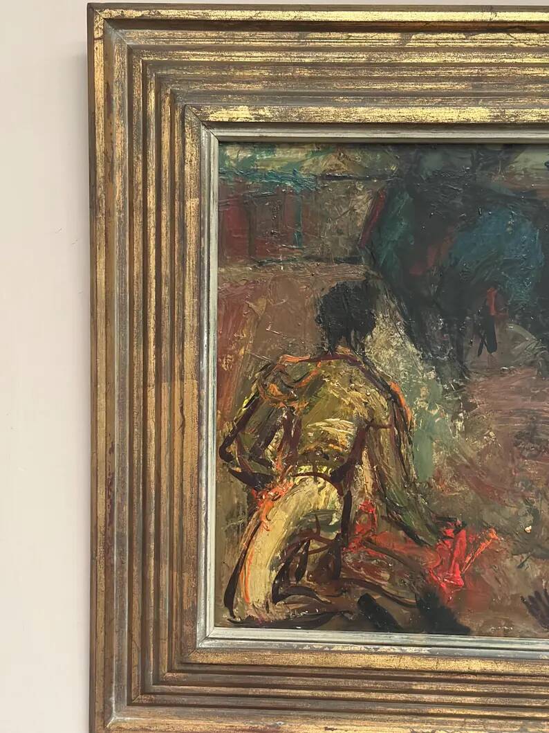 Original Swedish Oil on Panel – "The Bullfight" by Owe Wessbohn – Dated 1953 – Framed Period Piece – 59 × 51 cm