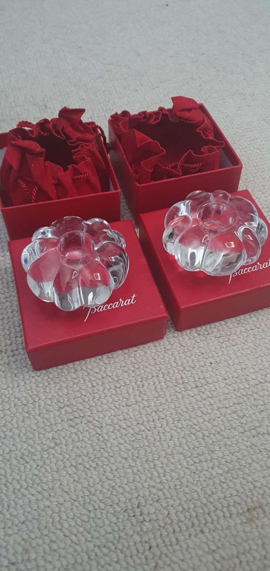 Pair of Baccarat crystal candlesticks, flower/rose model — new condition