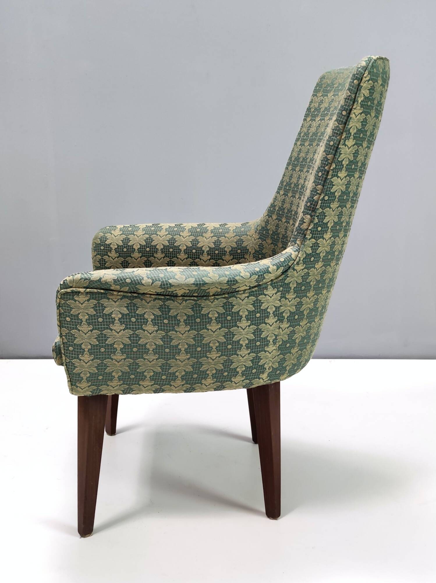 Pair of High-Quality Green Patterned Fabric and Beech Armchairs, Italy