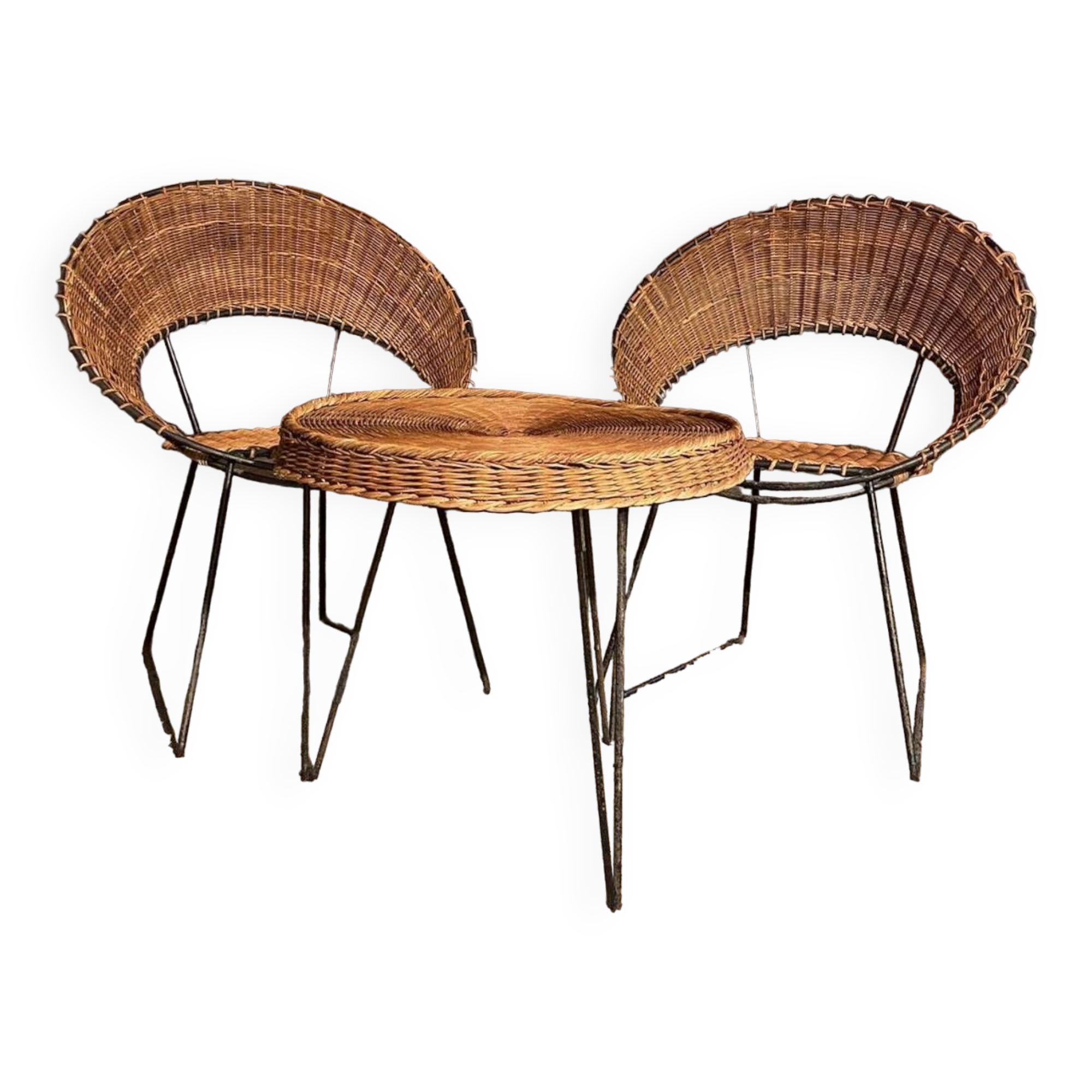 Set of 2 wicker armchairs and coffee table Raoul Guy 1950