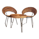 Ensemble 2 fauteuils et table basse en osier Raoul Guy 1950