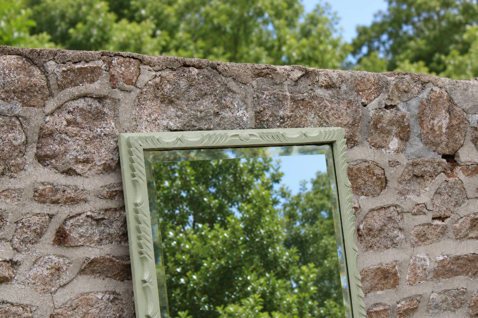 Large antique bevelled mirror in carved solid wood, green lizard – 129 × 75