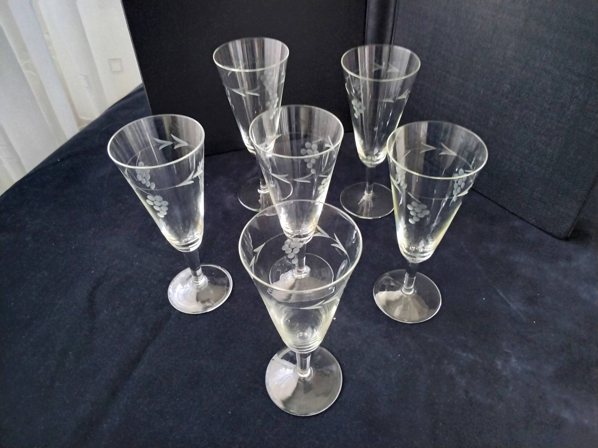 6 vintage engraved crystal champagne flutes