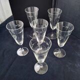 6 Vintage Crystal Champagne Flutes. Engraved Decor