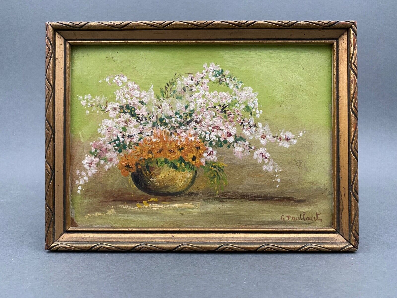 Oil on cardboard Still life by G. Toullourt XXth Bouquet of flowers