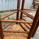 Pair tripod stool vintage design wood and straw