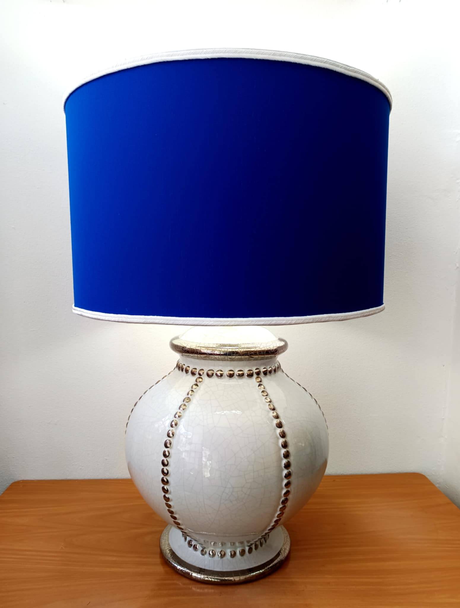 Longwy earthenware lamp and Klein blue lampshade