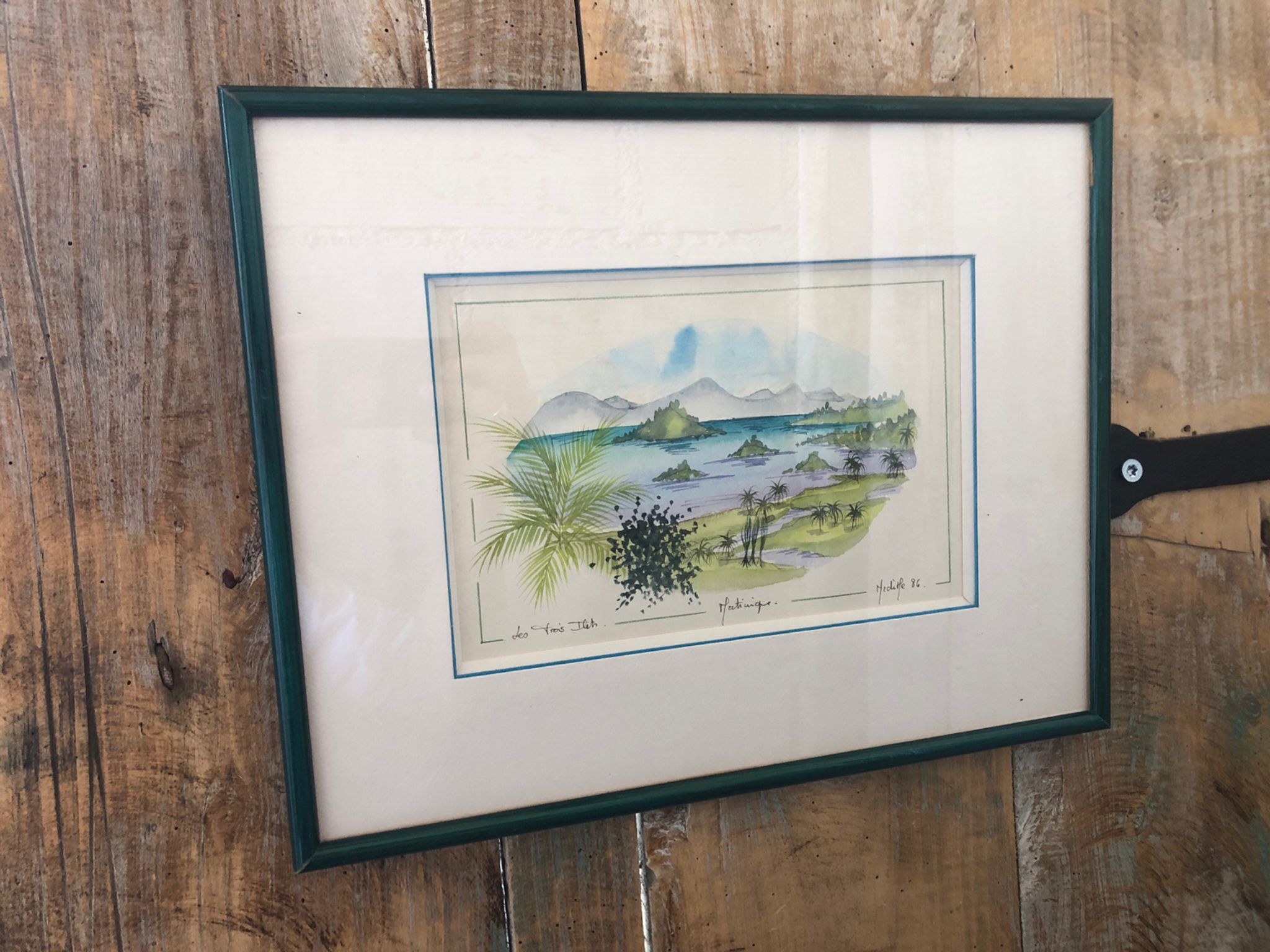 Watercolor painting nadine martinique the three islets + wood frame #a223