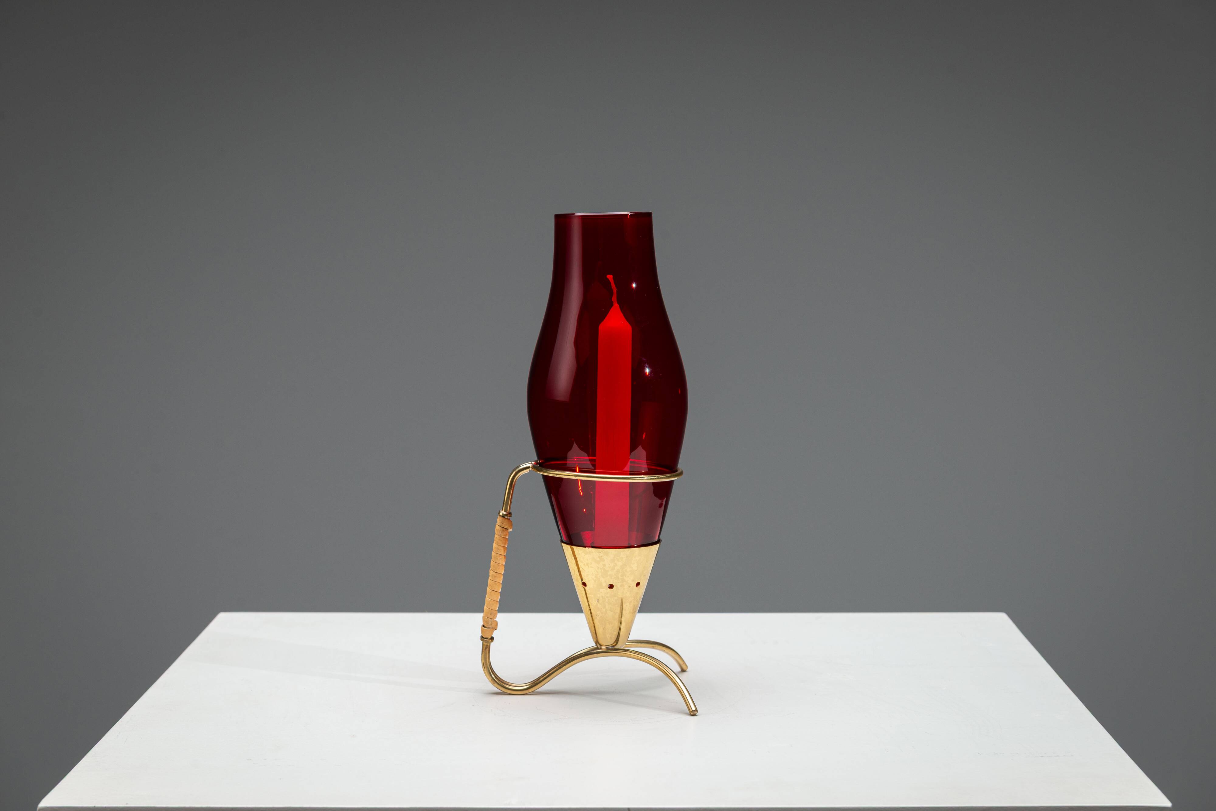 Gunnar Ander candleholder in brass, glass and rattan for Ystad Metall
