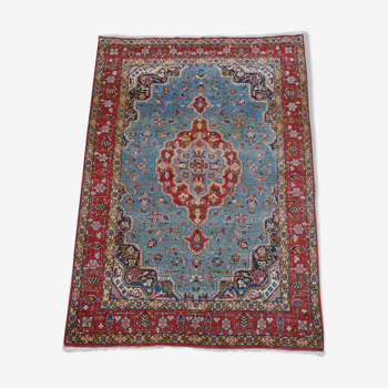 Tapis d'orient ancien vintage fait main laine persan iranien bleu qom ghoum 202x143cm