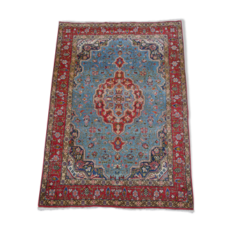 Old vintage oriental rug handmade iranian blue persian ool qom ghoum 202x143cm
