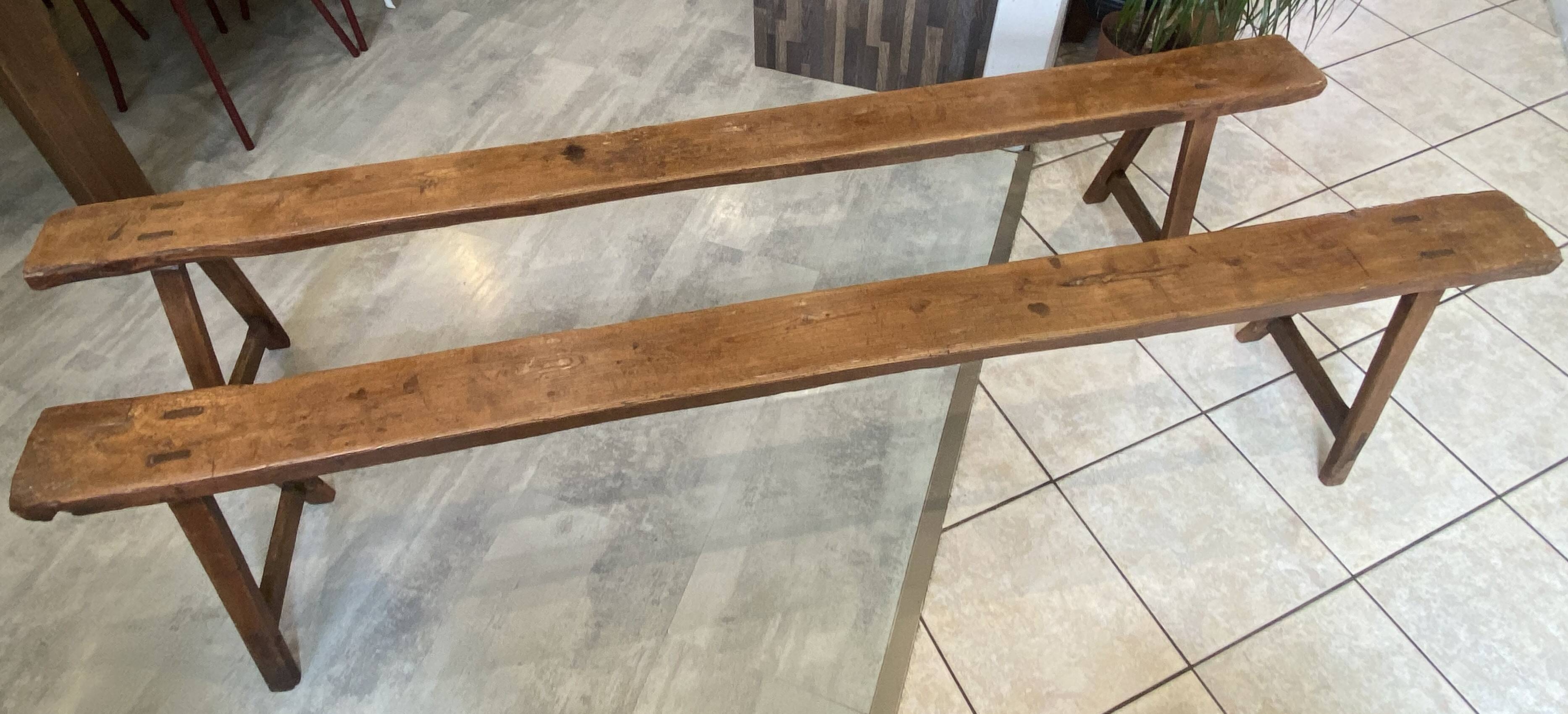 Pair of solid oak farmhouse benches 214cm for rustic table 1950